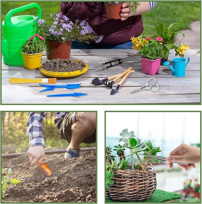 Andiker Mini Garden Tool Set, 12pcs Portable Gardening Hand Tools Set, Multiple Miniature Succulent Tools Set Easy to Carry for Seedlings, Bonsai, Succulents, Terrariums and Planting