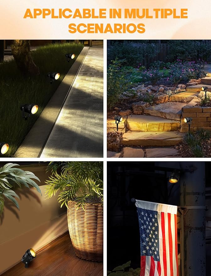 LemonBest 12W Landscape Lighting LED Outdoor Spotlight 120V AC Waterproof Landscape Lights Warm White Spot Lights for Yard Garden Decorative Lawn Lamp Flag Light with Spiked Stake, 4 Packs