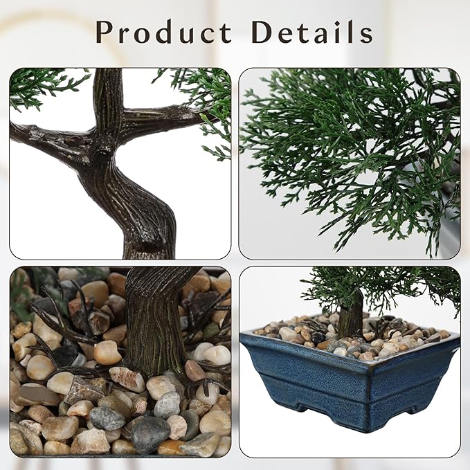 Artificial Bonsai Tree Juniper Faux Plants Indoor Fake Plants Decor with Blue Ceramic Pots for Home Table Office Desk Bathroom Shelf Bedroom Living Room Farmhouse Decorations-Pine