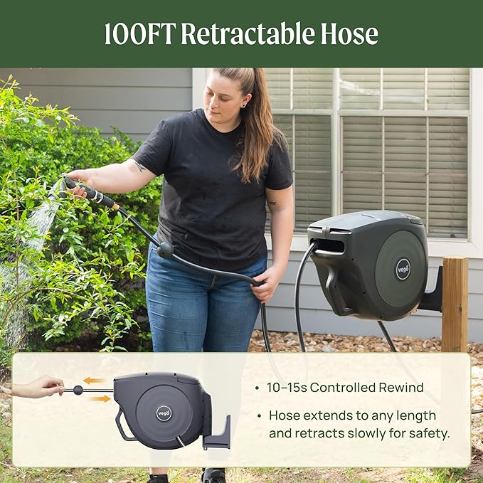 Vego Garden Hose Reel Retractable Hi-Flow x 100ft Wall Mounted Hose Reel Automatic Rewind, Any Length Lock with 9 Patterns Sprayer Nozzle, Quick Connector and Adjustable shot Nozzle-Tidepool Blue