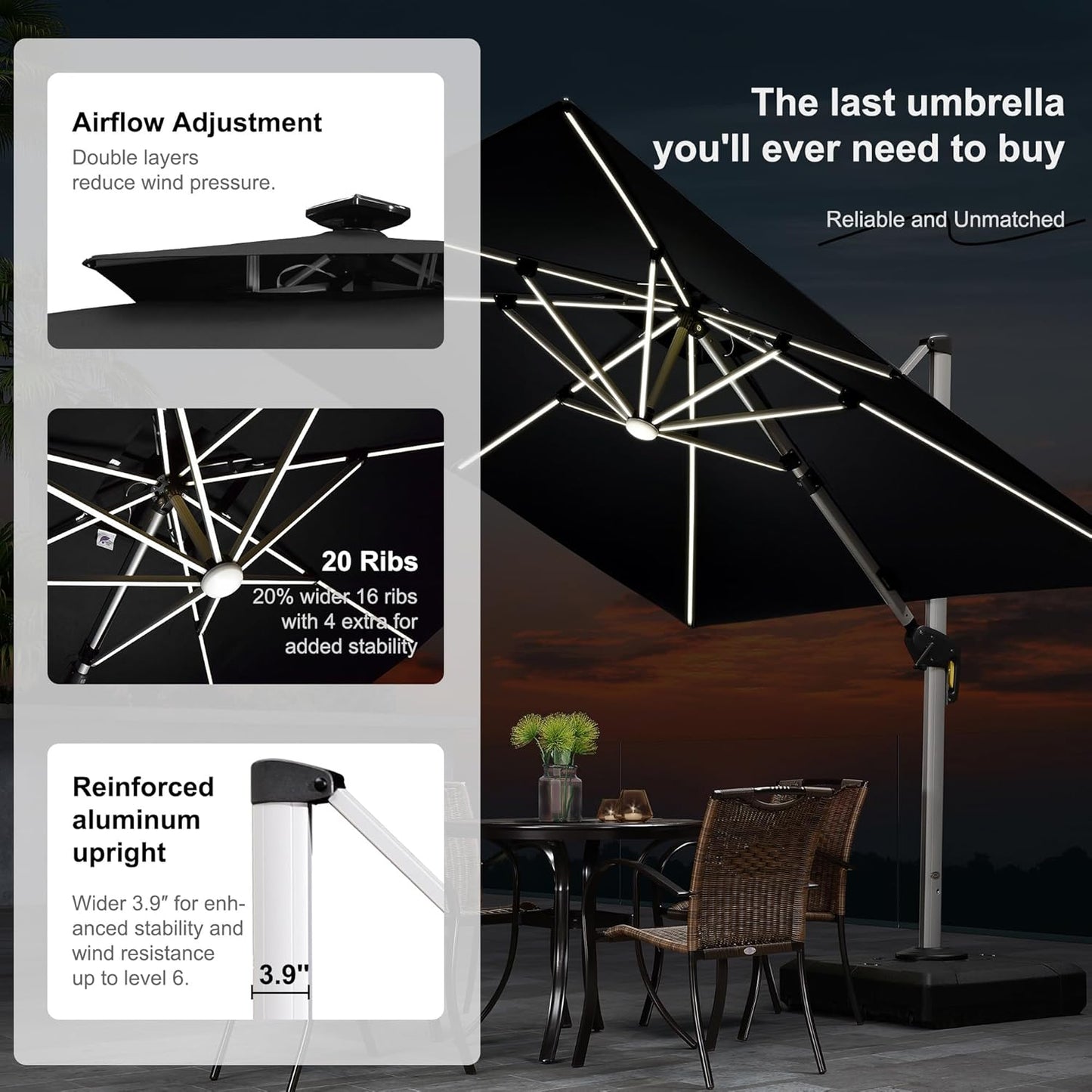 PURPLE LEAF 9 Feet Double Top Deluxe Solar Powered LED Square Patio Umbrella Offset Hanging Umbrella Outdoor Market Umbrella Garden Umbrella, Black