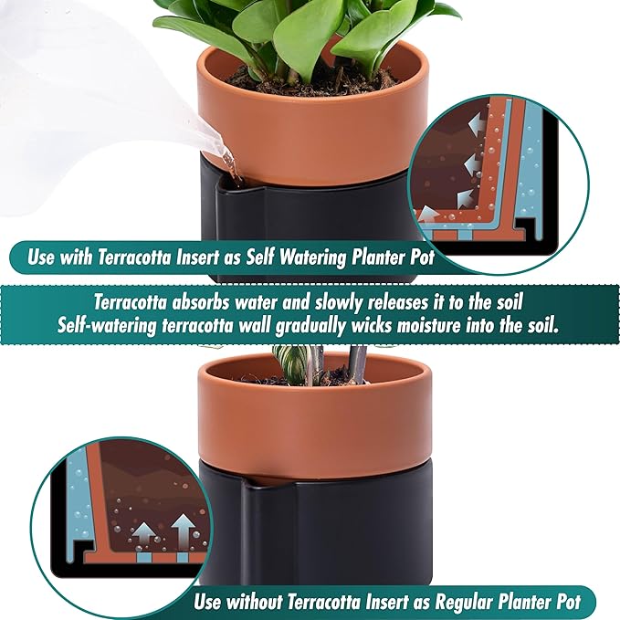 8 Inch Self-Watering Planter Pot with Terracotta Insert, Deep Water Reservoir, and Ceramic-Alike BPA-Free Plastic Planter Pot for Plant, Modern Planter for Houseplants, Black/Terracotta, 53-B-T-5