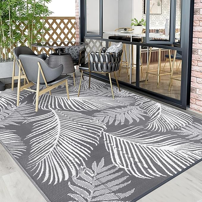 Pauwer Waterproof Outdoor Rug 8x10, Reversible Plastic Straw Patio Camping Rug, Indoor Outdoor RV Mat Carpet for Deck, Camper, Porch, Balcony, Backyard, Picnic, Leaf Grey