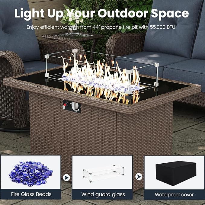 10 Pieces Outdoor Patio Furniture Sets with Rocking Swivel Chairs with 6-inch Thick Cushion and Fire Pit Table for Deck Lawn