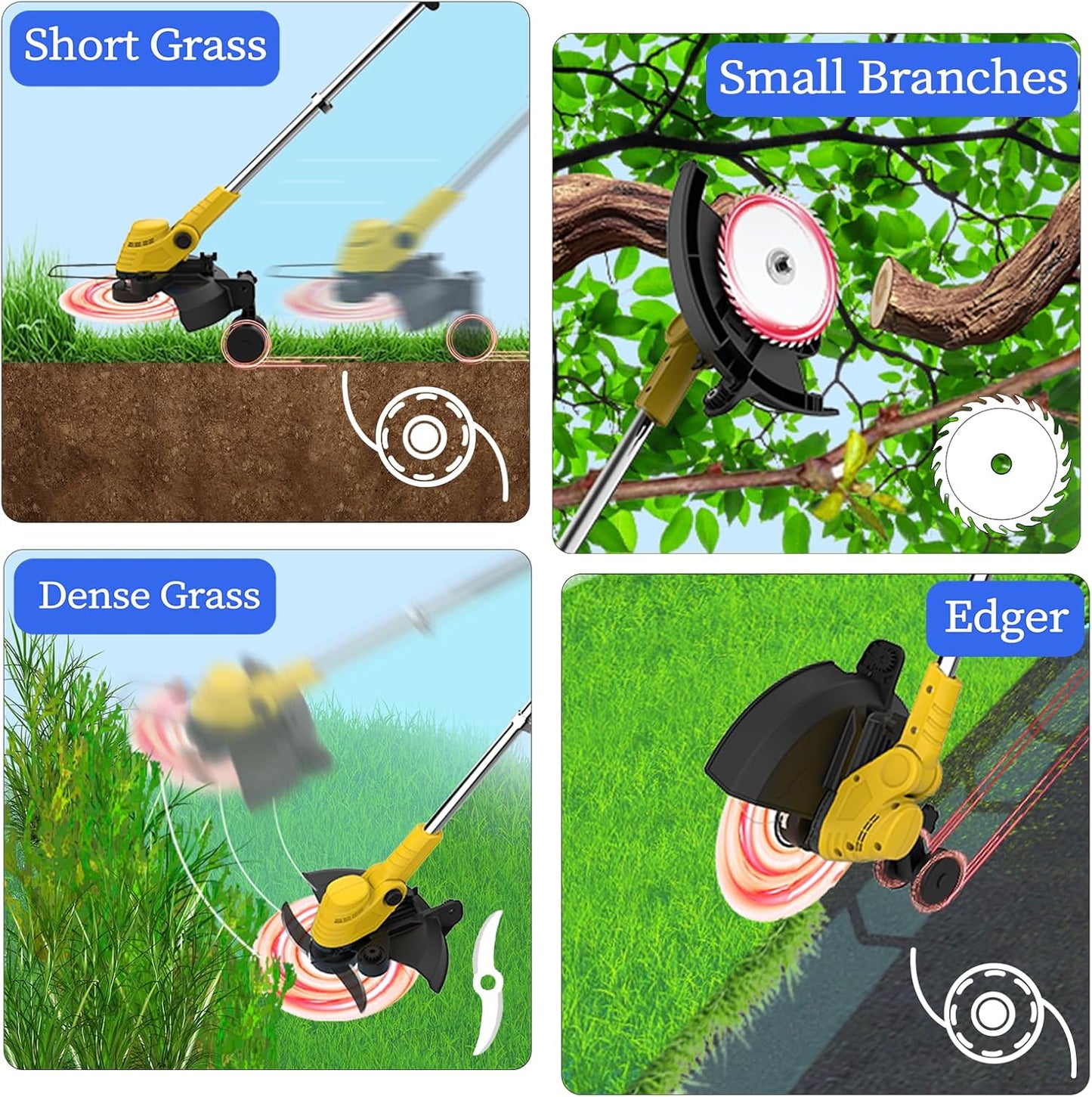 20000 RPM(4.0AhX2) Electric Weed Wacker,Dual-Durable-Line,Metal Blades,Wheel,4-in-1 Battery Powered Weed Eater Cordless+String Trimmer+Edger Lawn Tool+Brush Cutter,Weed Whacker,Weed Trimmer Lawn