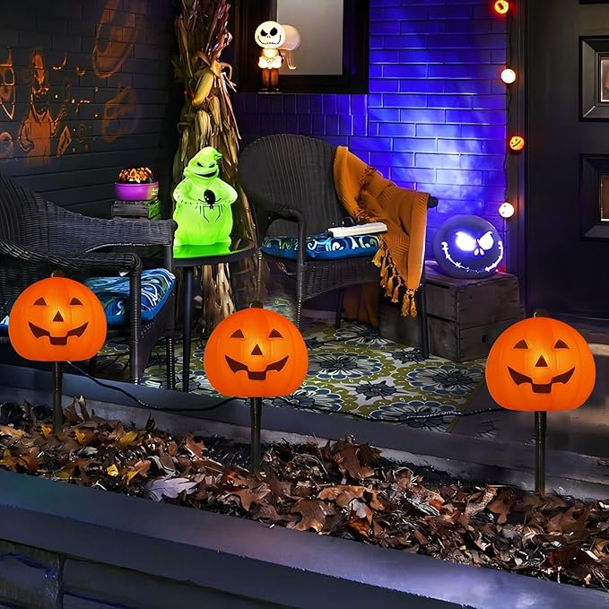 4 Pack Halloween Pumpkin Pathway Lights - 7Ft Outdoor Decorative String Lights with 4 Jack-O-Lantern Stake Lights for Halloween Yard, Garden, Walkway, Party and Lawn Decorations, Waterproof