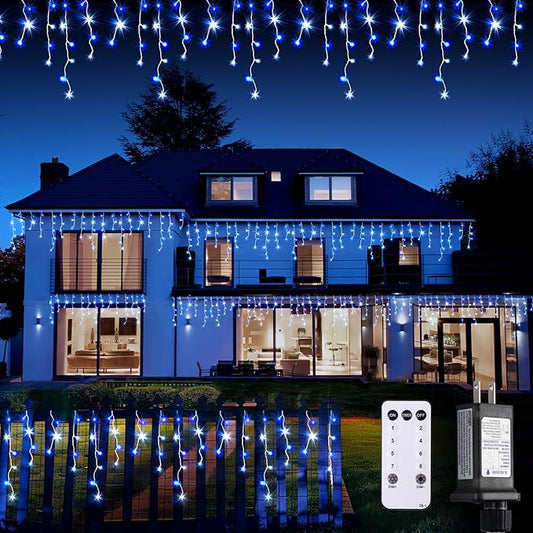 JMEXSUSS Blue&White Icicle Lights Indoor Outdoor, 38.8FT 400 LED Icicle Christmas Lights for Outside, Icicle String Lights with Remote for House Bedroom Fireplace Birthday Party Christmas Decorations