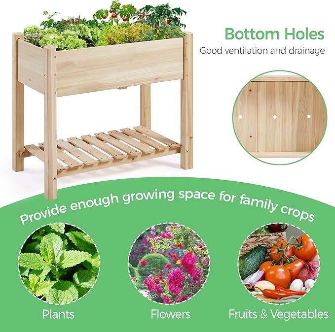 Yaheetech 34x18x30in Raised Garden Bed, Planter Box with Legs & Storage Shelf, Wooden Elevated Vegetable Growing Bed for Backyard, Patio, Balcony