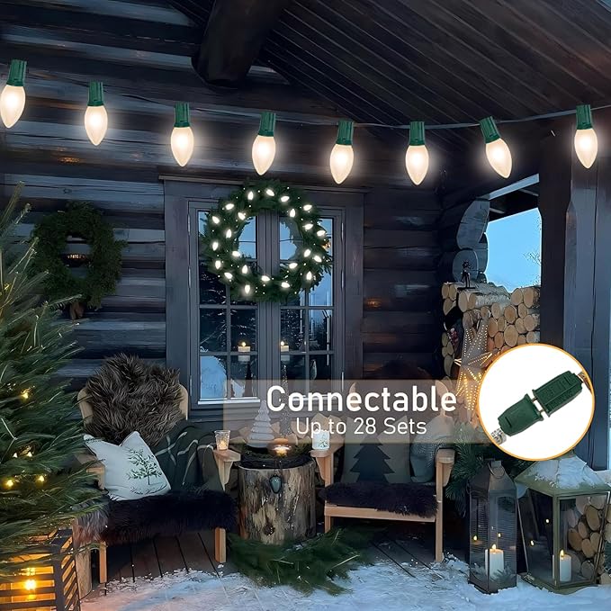 25ft Warm White Christmas Lights Outdoor,Frosted White Christmas Lights with 26 Incandescent Bulbs(1 Spare),Hanging Vintage Christmas Lights for Patio Holidays Christmas Tree Decor