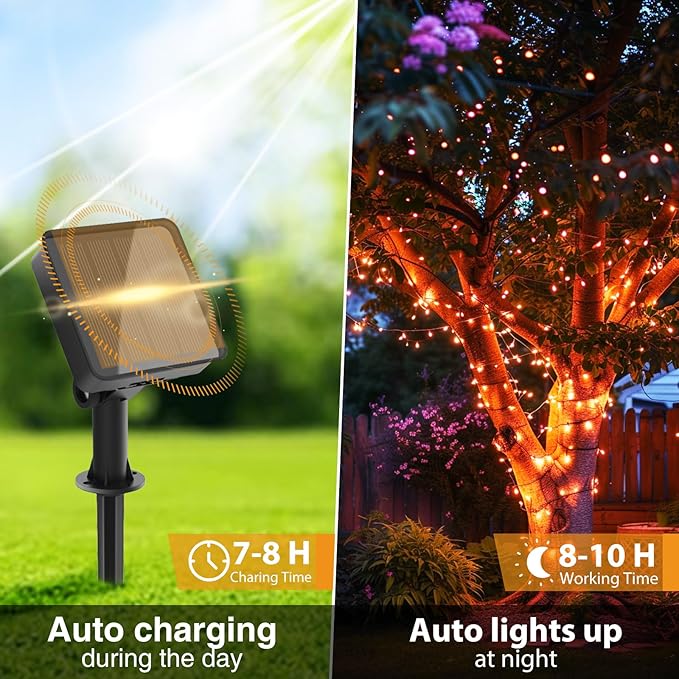 kolpop Orange Solar Fairy Lights Outdoor Waterproof, 3 Pack 33FT 80LED Solar Powered String Light, 8 Modes Copper Wire Solar Twinkle Lighting for Halloween Tree Garden Yard Outside