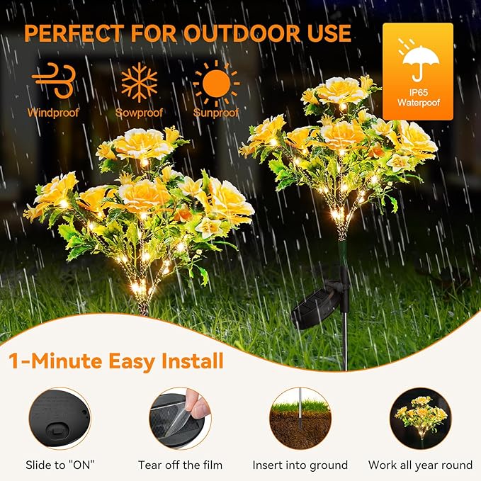 Neporal Solar Garden Lights Outdoor Dusk to Dawn, Carnation Solar Flowers Outdoor Waterproof IP65 for Garden Decor Yard Decor Patio Decor, Garden Solar Lights Outdoor Gardening Gifts for Women 4-Pack