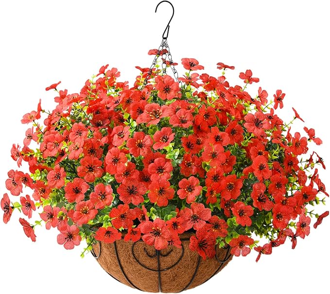 Artificial Faux Hanging Plants Flowers Basket Outdoor Porch Garden Spring Decoration, Fake Silk Daisy in Planter Realistic UV Resistant for Outside Home Patio Balcony Yard(Red)