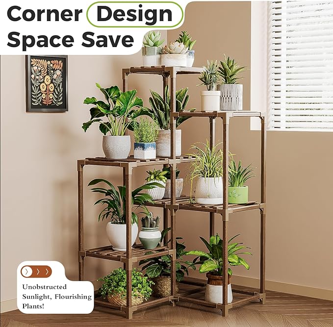 Bamworld Plant Stand Indoor Plant Shelf Outdoor Corner Wood Plant Table 7 Pots Flower Stands for Living Room Plant Rack Indoor Multiple Plants for Patio Balcony Garden Decor