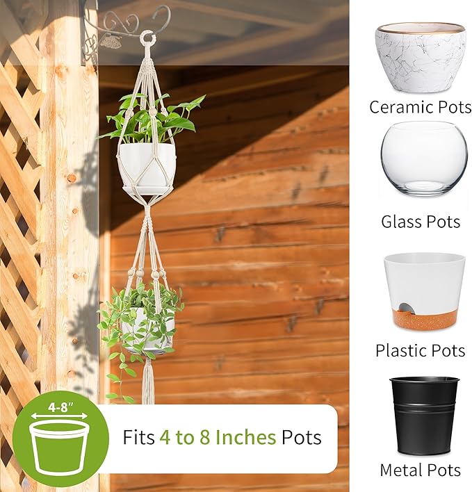 2 Pack Macrame Plant Hanger (49"&72"), Fits 4-8" Pots, 2 Tier+3 Tier Indoor Outdoor Hanging Planter Basket Flower Pot Holder, Boho Home Decor, Ivory (POTS NOT Included)