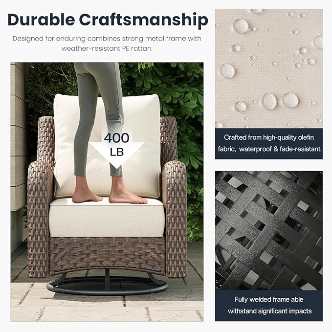 10 Pieces Outdoor Patio Furniture Sets with Rocking Swivel Chairs with 6-inch Thick Cushion and Fire Pit Table for Deck Lawn