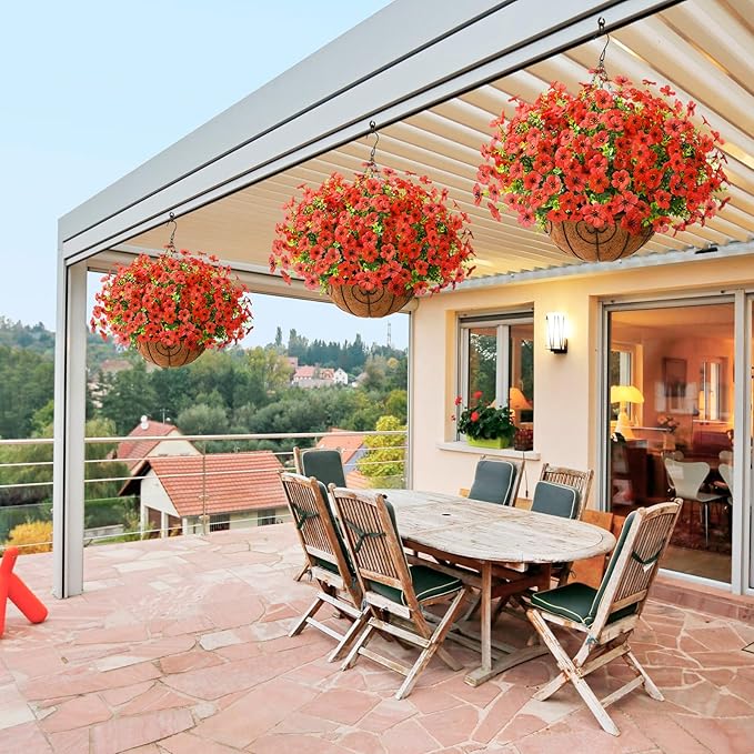 Artificial Faux Hanging Plants Flowers Basket Outdoor Porch Garden Spring Decoration, Fake Silk Daisy in Planter Realistic UV Resistant for Outside Home Patio Balcony Yard(Red)