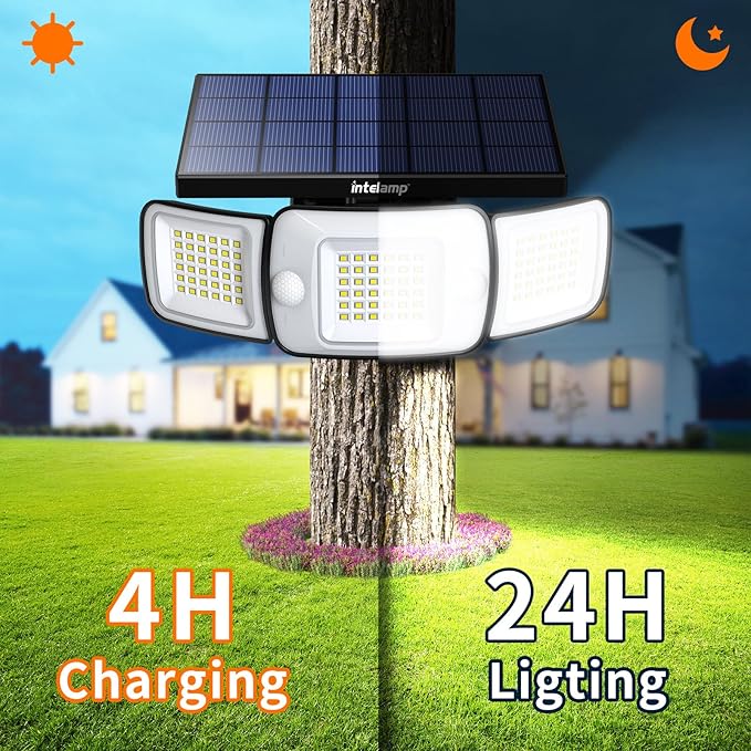 intelamp Solar Flood Lights Outdoor Waterproof, 6000mAh 1200LM Solar Powered Dual Motion Sensor LED Lighting Dusk to Dawn Security Floodlight Exterior with Remote for Outside Garden House Patio