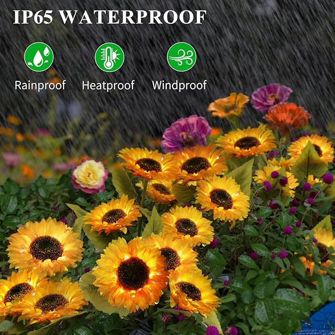4-Pack Solar Powered Sunflower Garden Lights, LED Outdoor Decor Solar Light Flowers for Yard Patio Ground Lawn Landscape, Decorative Artificial Flower Bright Night Outside