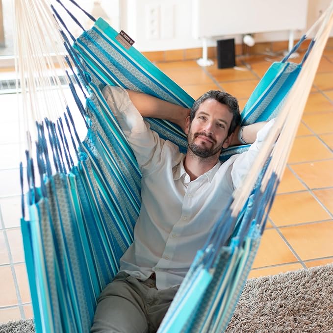 LA SIESTA® - Large Comfort Habana Cotton Hammock Chair & CasaMount - Hanging Chair w/Suspension Kit for Walls Ceilings & Square Beams - Indoor Outdoor Swing Hanging Chair Bedroom Balcony - Azure