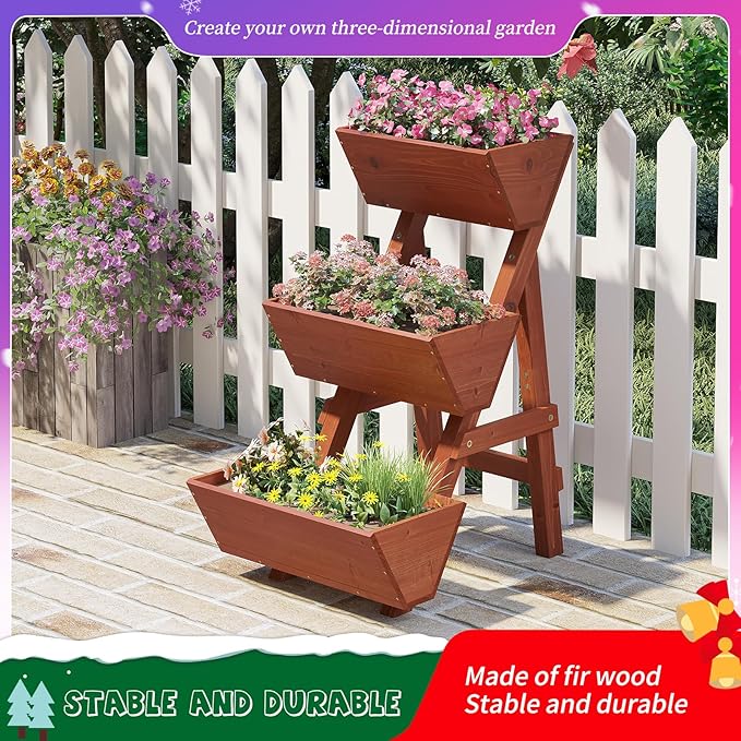 3-Tiers Wooden Raised Garden Bed,Wood Planter Box for Vegetable,Flower Rack,Flower Pot Stands,Indoor Outdoor Gardening Planting Beds (Brick red, Small)