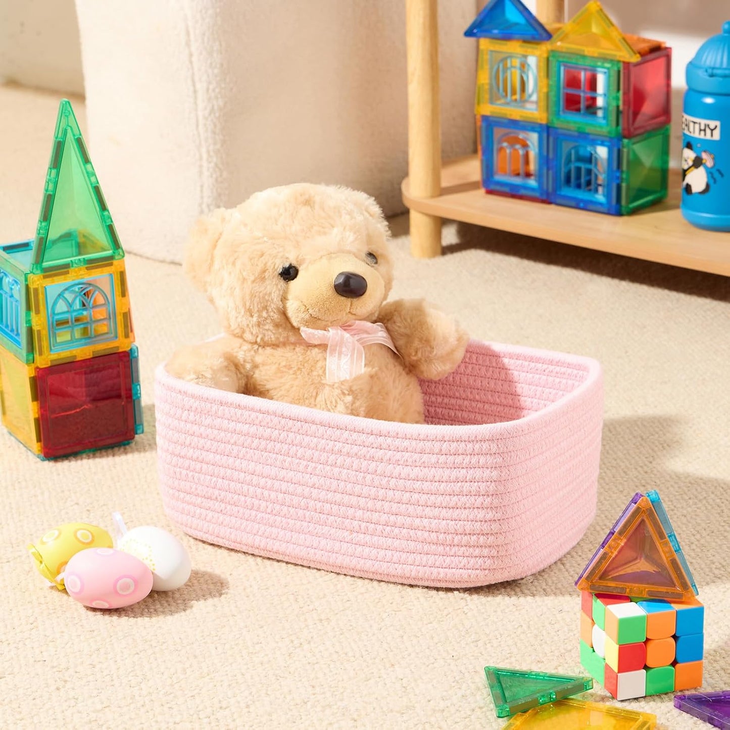 Small Storage Baskets for Organizing | Closet Organizer Bins | Shelf Toy Basket | Woven Rope Baskets | Cube Decorative Box | Shallow Basket | 11.5x7.5x4.7” | 4 Packs Light Pink