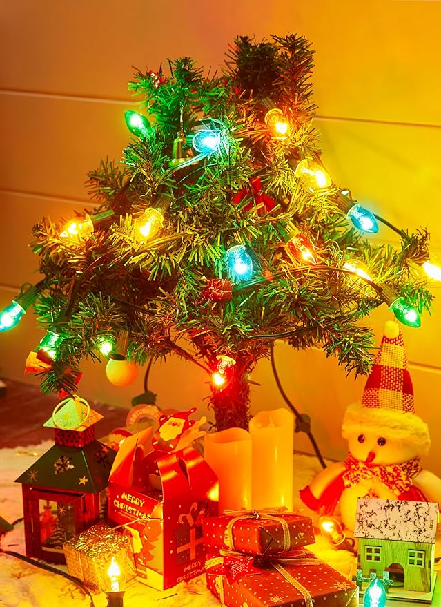 C7 Multicolor Christmas String Light Set, 25ft Vintage Christmas Tree Lights, Outdoor Roofline String Lights with 25 Bulbs for Patio Garden Holiday Indoor Wedding Home Decorating, Green Wire