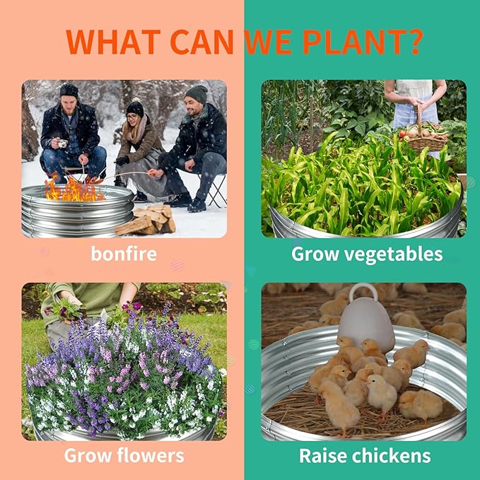 32 Inch Diameter Silver Galvanized Garden Raised Bed/Plant Box/Fire Ring-0.8mm Thick,12 Inch Tall,Crimped Edge and Corner,No Sharpe,Perfect for Plantings (2.7FT Diameter, Round)