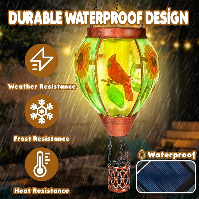 4 Pack Solar Hot Air Balloon Lantern With Flame, Cardinal Glass Solar Hanging Lights Outdoor Yard Patio Farmhouse Decoration, Gifts for Women Grandma Mom