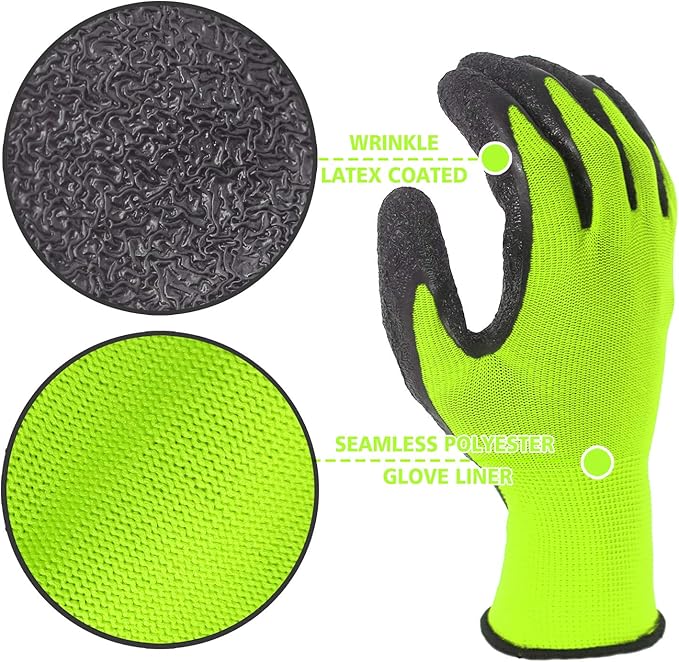 Evridwear Crinkle Latex Rubber Hand Coated Safety Work Gloves for Men Women General Multi Use Construction Warehouse Gardening Assembly Landscaping (M-Size) Lime 120 Pairs Pack