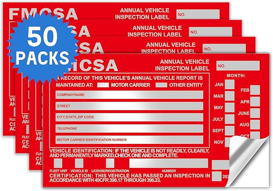 50-Pack Annual Vehicle Inspection Label 1.6 mil Aluminum Red FMCSA Label with Permanent Self Adhesive 6" x 3.5" DOT Compliant