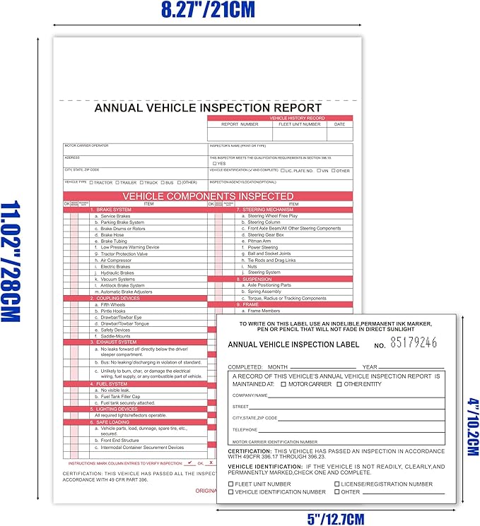 30-Pack Annual Vehicle Inspection Report Form & Adhesive Vinyl Label 2-Ply,3-Ply Carbonless Form DOT Compliant