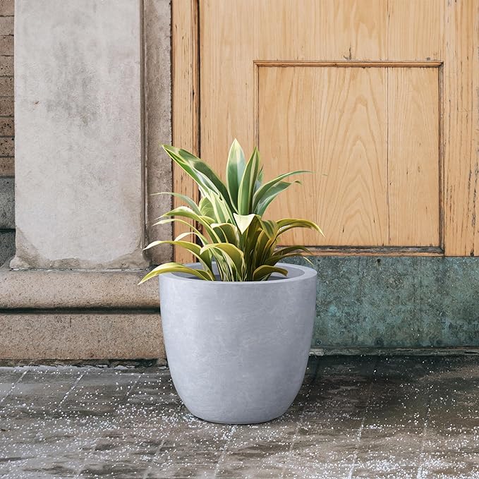 Kante 14 Inch Dia Round Concrete Planter, Indoor Outdoor Large Plant Pot with Drainage Hole and Rubber Plug for Home Patio Garden, Slate Gray