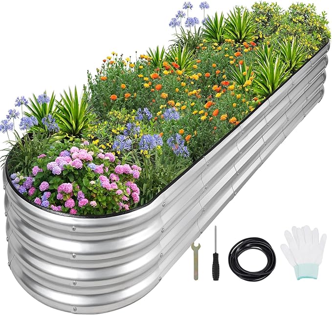 1MORE Galvanized Raised Garden Bed- Planter Garden Boxes Outdoor, Raised Beds for Gardening, 8x2x1ft Metal Garden Bed Kit for Vegetables Flower, Planter Raised Beds with Protective Tape & Tools.Silver