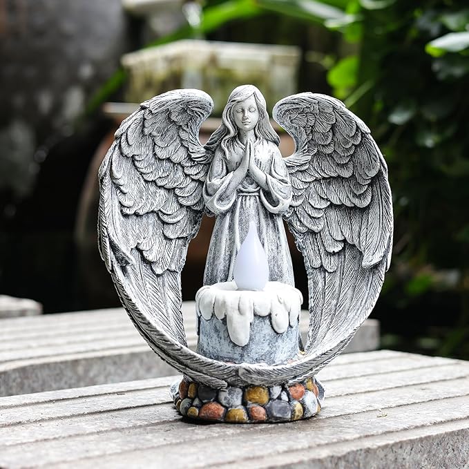 Angel Garden Statues Outdoor Cemetery Decorations for Grave Take The Cross Praying Wings Angel Figurine Cemetery Lights Patio Lawn Yard Porch Decorations 10.24 Inch