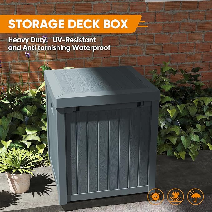 51 Gallon Resin Deck Box, Outdoor Storage Box Waterproof for Patio, Garden, Pool, and Deck, Storage Solution for Cushions, Tools, Delivery Packages, Grey