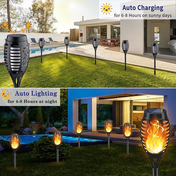 KYEKIO Solar Torch Light with Flickering Flame, 12Pack Solar Lights Outdoor, Waterproof Outdoor Lights for Yard Garden, Luces Solares para Exteriores, Tiki Torches for Outside Patio Decorations