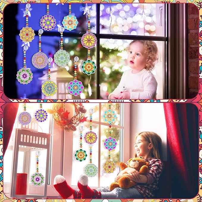30 Sets Suncatchers Window Art Kits, DIY Sun Catchers Bulk Crafts Paint Your Own Window Ornaments for Boys Girls Classroom Home Party Birthday Activity Decor(Mandala Style)
