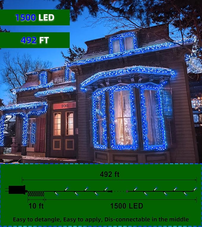 1500 LED 492ft Outdoor Christmas Lights Decorations, Green Wire LED String Lights with Timer Memory, Twinkle Lighs for Indoor Outdoor Party, Tree Wedding, Garden, Patio (Blue)