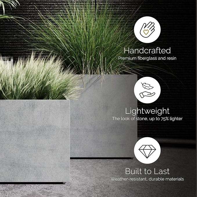 Reglito Cube Planter – Fiberglass Indoor/Outdoor and Weather-Resistant Large Planter (Concrete Stone, 39.4" L x 39.4" W x 40" H)