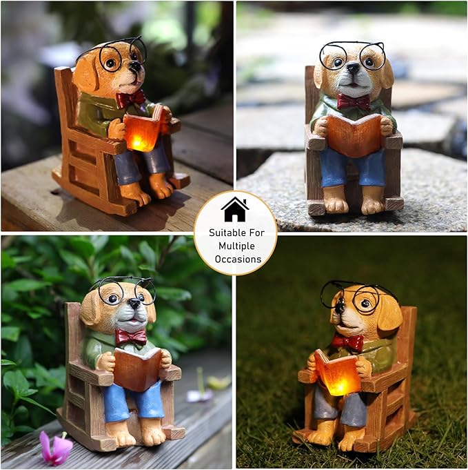 Solar Garden Decor Statues Dog Figurines Mini Fairy Garden Accessories Outdoor Lights,Garden Art Patio Porch Balcony Yard Home Lawn Ornaments,Christmas Birthdays Gifts for Mom Grandma