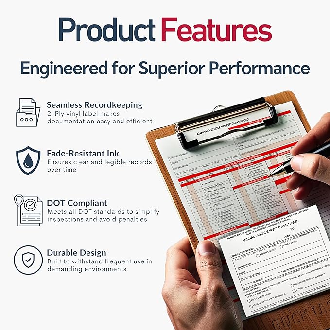 50 Pack Buck Annual Vehicle Inspection Label, 2-Ply Adhesive Vinyl with Mylar Laminate, FMCSA & DOT Compliant, Weatherproof, Tear Resistant, Easy to Write On, 5" x 4" - Made in USA