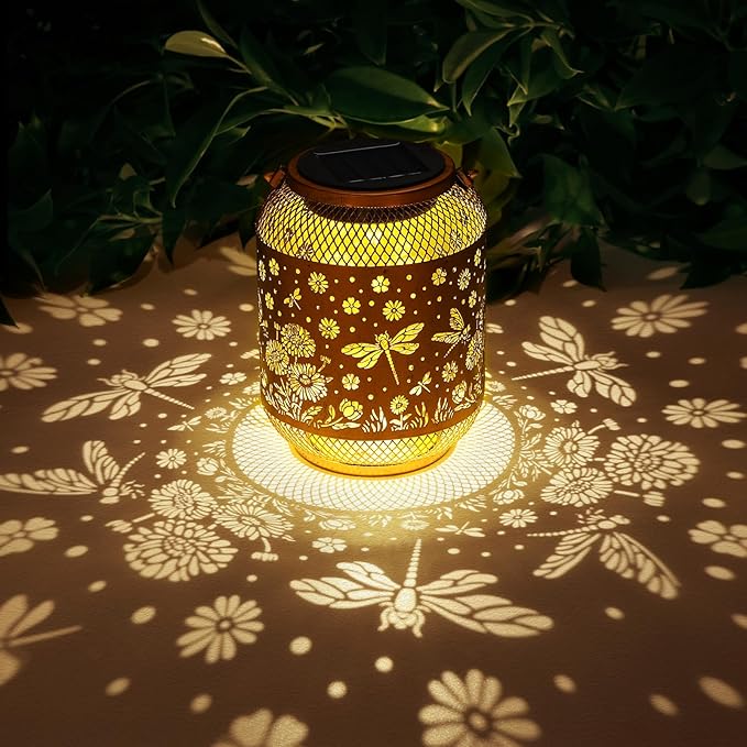 2 Pack Solar Lanterns Outdoor Waterproof Dragonfly Garden Decor Birthday Gifts for Women Mom Grandma Hanging Solar Lights Metal Decoration Outside for Yard, Patio, Backyard, Porch,Pathway