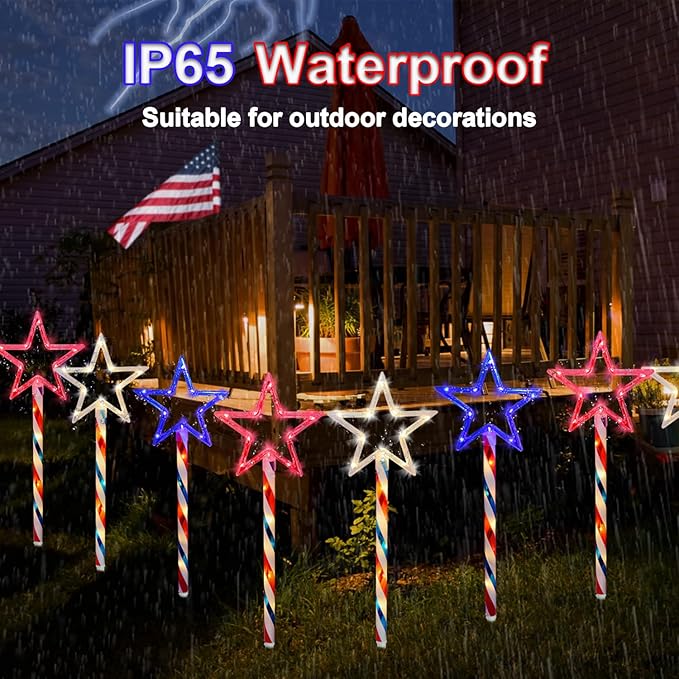 4th of July LED Big Star Pathway Lights Patriotic Lights Outdoor, for Memorial Day Independence Day Any Patriotic Decorations, 8 Mode Remote Control Solar Powered(2 Pack, 180 LED)