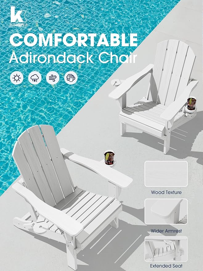 KINGYES Folding Adirondack Chair with Dual Cup Holders - HDPE All-Weather Outdoor Chairs, Wood-Like Patio Chair for Backyard, Camping, Pool & Fire Pit, White