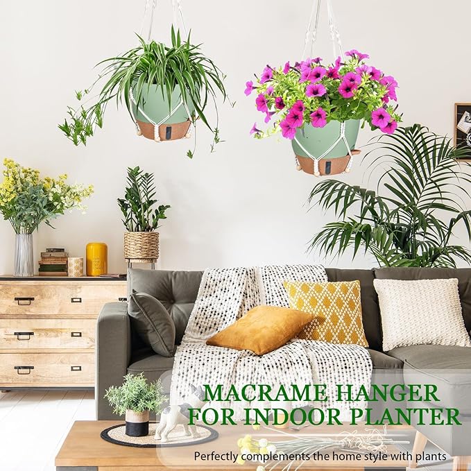 10 Inch Hanging Planters for Indoor Plants, 2 Pack Self Watering Hanging Baskets Flower Pots with Drainage Hole, Visual Reservoir & 2 Kinds of Plant Hanger for Outdoor Garden Home Decor