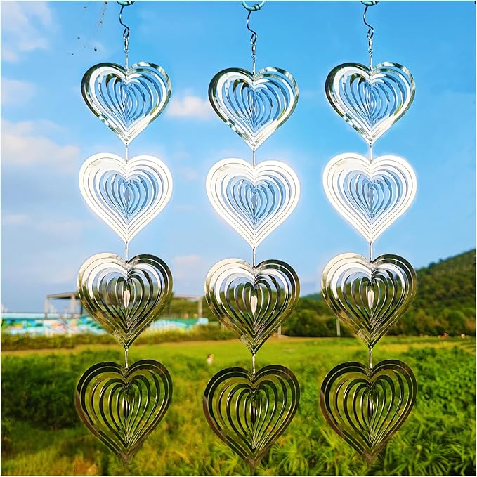 DJUAN Heart Bird Scare Discs Set-Highly Reflective Double-Sided Bird Reflectors,Extra Sparkly Metal Wind Spinner Outdoor Garden Decor, Bird Devices Deterrent to Scare Birds Away from Yard Patio Farm