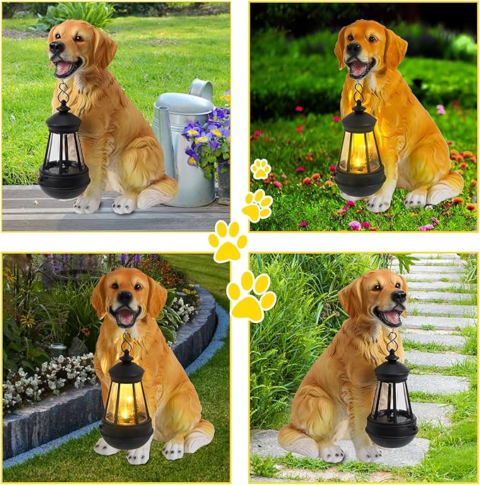 Afirst Solar Dog Statue Garden Decor, Outdoor Statue Decor with Solar Lantern Lovely Golden Retriever Figurine Patio Lawn Yard Art Ornaments Housewarming Gift