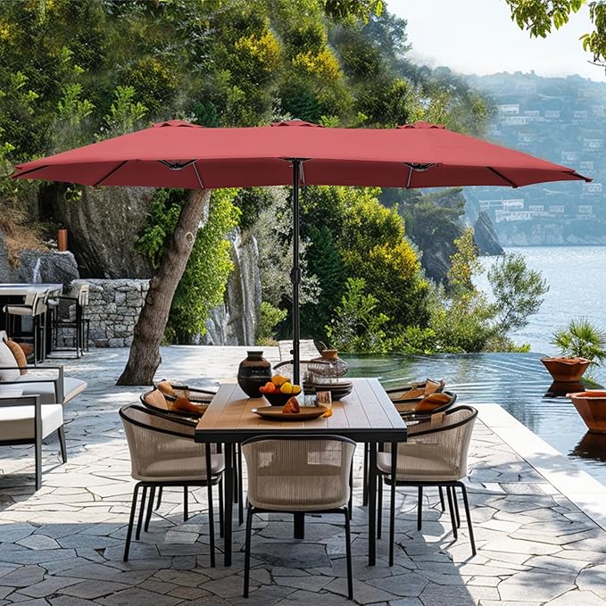 GREEN PARTY 15 ft Rectangle Patio Umbrella with Base Included, Double-Sided Table Umbrella with Crank, Large Outdoor Umbrellas for Patio Poolside Garden Backyard, Burgundy Red