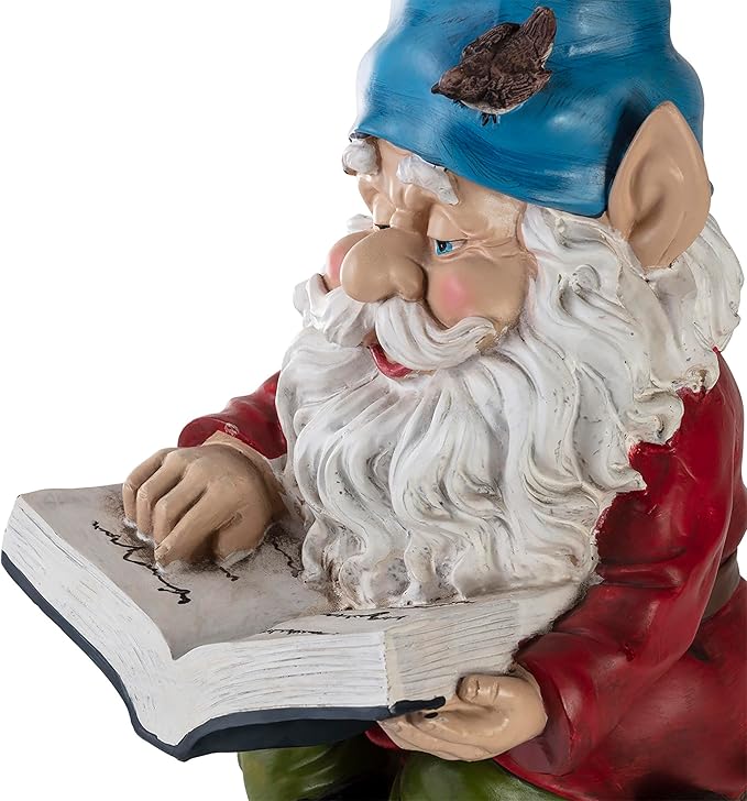 Alpine Corporation 14" Tall Outdoor Garden Gnome Reading a Book Yard Statue Decoration