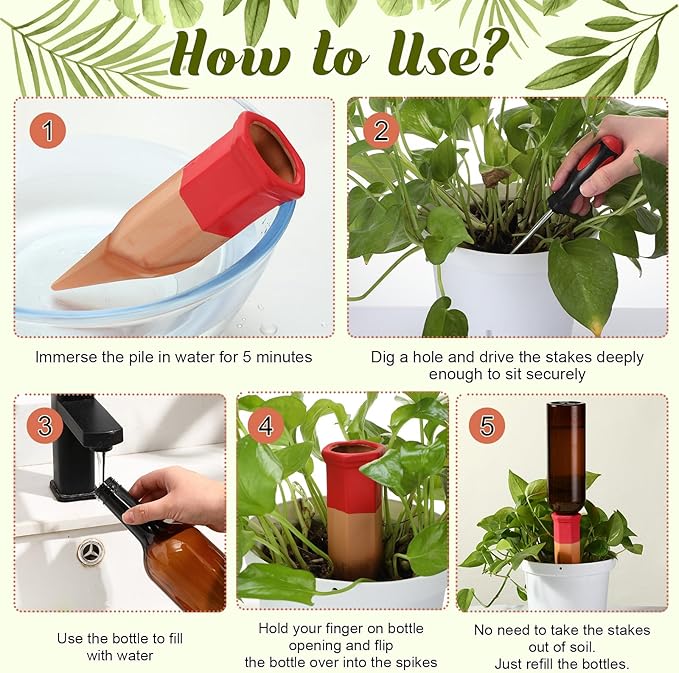 6 Sets Plant Watering Devices Include Terracotta Self Watering Spikes and 26 oz Plastic Bottles, Slow Release Vacation Insert Automatic Plant Waterer Device (Brown and Mixed Color)
